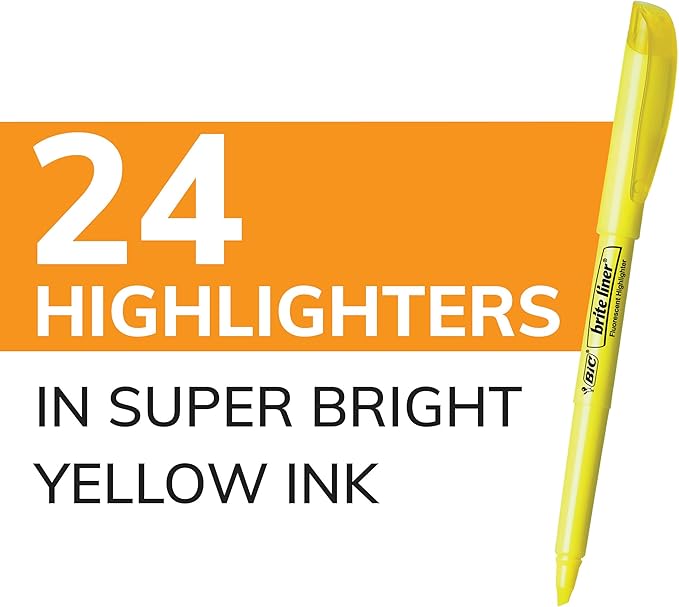 BIC Brite Liner Highlighters, Chisel Tip, 24-Count Pack of Yellow Highlighters, Ideal Highlighter Set for Organizing and Coloring
