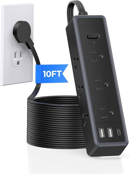 Surge Protector Power Strip,9 Widely Outlets and 3 USB Ports (1 USB-C), 1080 Joules, 10 FT Flat Extension Cord with Multiple Outlets, Wall Mount, Flat Plug, for Home Office, Dorm Essentials, White