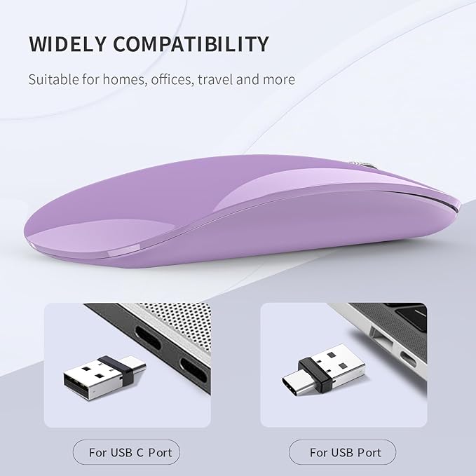 Uiosmuph G11 Wireless Mouse, USB C Rechargeable Computer Mouse, Slim Silent Mice 2.4GHz Optical with USB Nano Receiver and USB C Receiver for Laptop/Mac/PC - Purple
