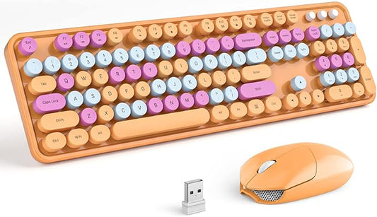 MOFII Wireless Keyboard and Mouse Combo, Orange Retro Keyboard with Round Keycaps, 2.4GHz Dropout-Free Connection, Cute Wireless Mouse for PC/Laptop/Mac/Windows XP/7/8/10 (Orange-Colorful)