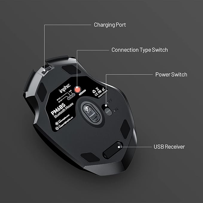 INPHIC Bluetooth Mouse for Laptop, Upgraded Visible Battery, 2400 DPI, Silent Ergonomic Computer Mouse Wireless, Mac, PC etc.
