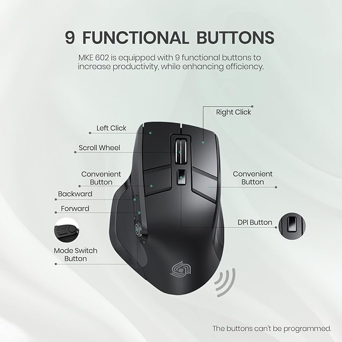 Wireless Mouse for Computer, Ergonomic Silent Mouse with 2.4GHz & Bluetooth, Multi Device Switch, OLED Display, Adjustable DPI, Rechargeable, 9 Buttons, for Windows/Mac, Black