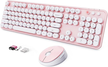Wireless Keyboard and Mouse Combo, Ergonomic Full Size Typewriter Retro Round Keycaps Keyboard, Compatible with Windows, PC, Perfer for Home and Office Keyboards (Lovely Pink)