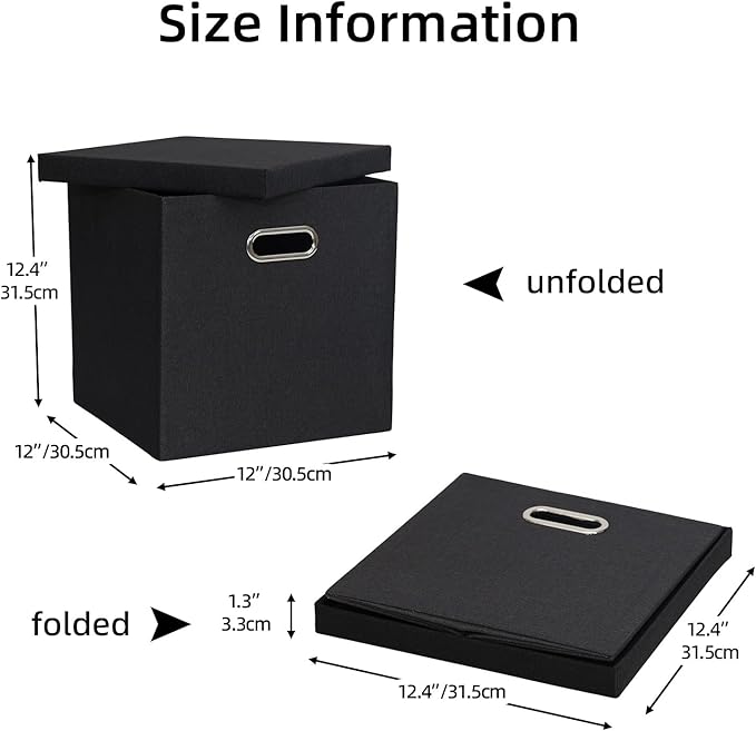Storage Bins with Lids, Collapsible Linen Fabric Boxes Organizer Containers with Lid Foldable Storage Box Basket for Closet, Shelves, Home, Office, 12 x 12 x 12.4 Inch, 4 Pack, Black