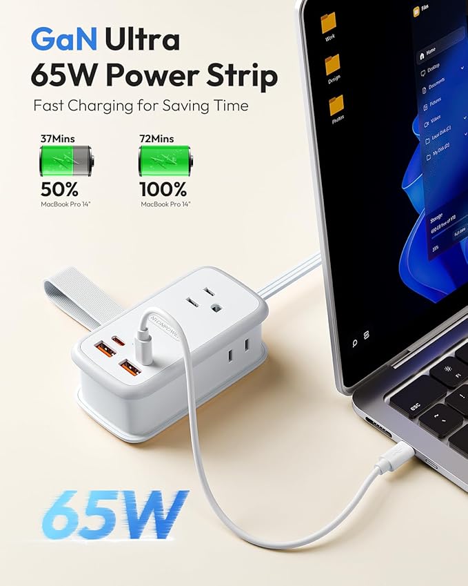 NTONPOWER GAN Ultra 65W USB Charging Station, 7 in 1 Travel Power Strip with 3 Outlets 4 USB (2 USB C), Extension Cord 4ft, Travel Essentials, Cruise Power Strip Compatible with MacBook, iPhone, White