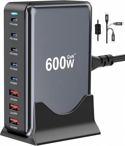 600W Fast USB C GaN Ⅲ Pro Charger Block,8 Port Charging Station,Dual 140W PD3.1 PPS Fast Charging Station for Multiple Devices Laptop Wall Charger Compatible with MacBook/iPhone 16/iPad etc