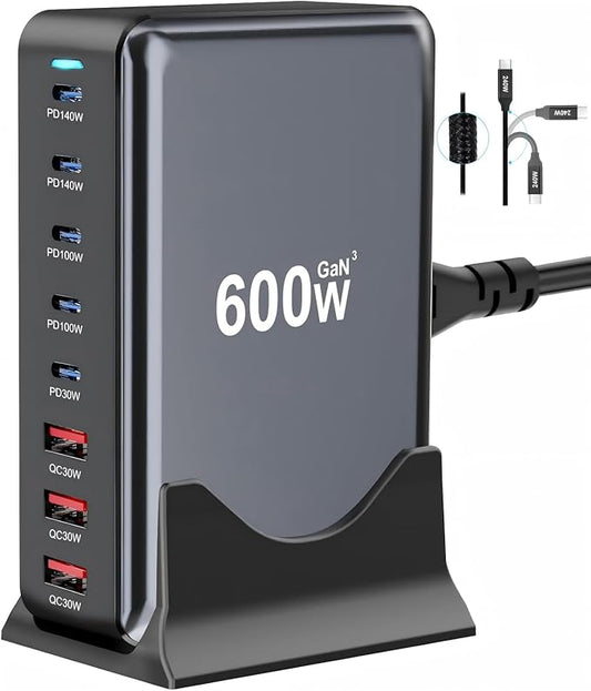 600W Fast USB C GaN Ⅲ Pro Charger Block,8 Port Charging Station,Dual 140W PD3.1 PPS Fast Charging Station for Multiple Devices Laptop Wall Charger Compatible with MacBook/iPhone 16/iPad etc