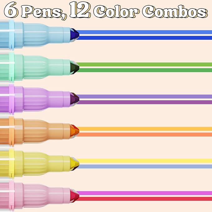 3-in-1 Highlighter Marker Set, 6 Pens with 2 Highlighter Tips & 1 Erasable Tip, Quick-Dry No-Bleed Ink, Multi-Color Markers for Note-Taking, Journaling, Studying & Planner Decoration