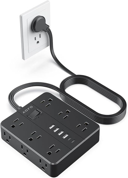 10FT Surge Protector Power Strip,12 AC Outlets with 6 USB Ports (2 USB-C), Flat Plug Extension Cord with Multiple Outlets, Wall Mount for Home Office,Dorm,Black