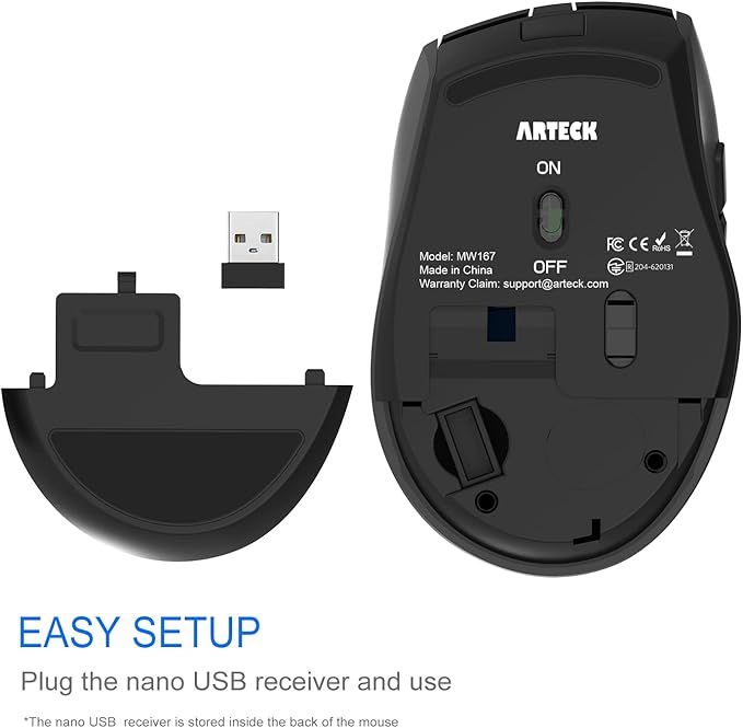 Arteck Wireless Mouse, 2.4G USB Wireless Ergonomic Optical Mouse, with Nano USB Receiver Silent Clicking Side Switch Buttons for Computer/Desktop/PC/Laptop and Windows 11/10 Rechargeable Battery