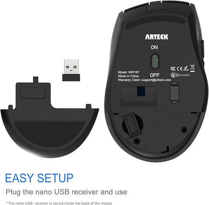 Arteck Wireless Mouse, 2.4G USB Wireless Ergonomic Optical Mouse, with Nano USB Receiver Silent Clicking Side Switch Buttons for Computer/Desktop/PC/Laptop and Windows 11/10 Rechargeable Battery