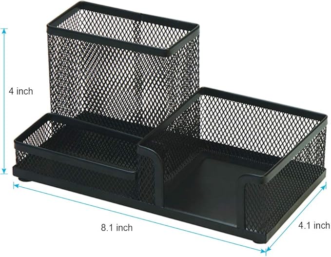 2-Piece Desk Pen & Pencil Organizer - Mesh Metal Pen Cup with Sticky Notes Holder, Black