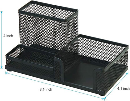 2-Piece Desk Pen & Pencil Organizer - Mesh Metal Pen Cup with Sticky Notes Holder, Black