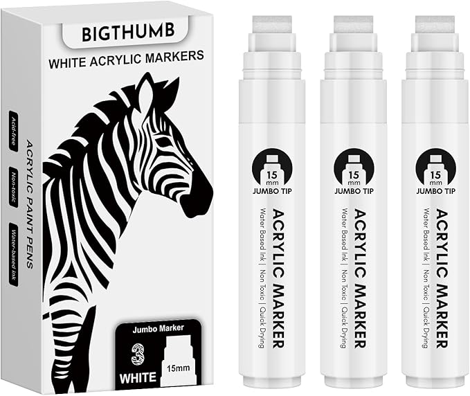 Thick White Jumbo Poster Markers: 3 Pcs 15mm Wide Tip Large Acrylic Paint Pens Big Permanent Markers Calligraphy Marker for Rock Painting, Sign, Canvas, Glass, Wood, Ceramic
