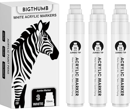 Thick White Jumbo Poster Markers: 3 Pcs 15mm Wide Tip Large Acrylic Paint Pens Big Permanent Markers Calligraphy Marker for Rock Painting, Sign, Canvas, Glass, Wood, Ceramic