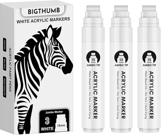 Thick White Jumbo Poster Markers: 3 Pcs 15mm Wide Tip Large Acrylic Paint Pens Big Permanent Markers Calligraphy Marker for Rock Painting, Sign, Canvas, Glass, Wood, Ceramic