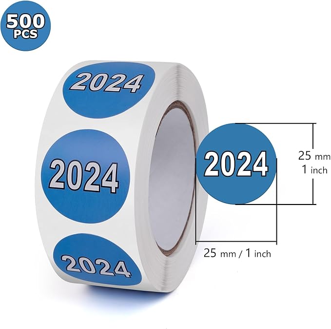 500 PCS 2024 Dot Stickers Roll 1 Inches Round Vinyl Color Coded New Year Labels Self Adhesive Waterproof Bookmarks for File Folders Charts Planner Organization Number Tabs