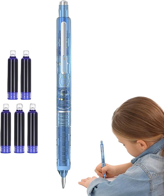 0.38mm Retractable Fountain Pen - Smooth Writing, Leak Proof Design, Comes with 5 Refillable Ink Cartridges | Writing Tool for Notebook Art Sketching School Office Journaling Creative Use