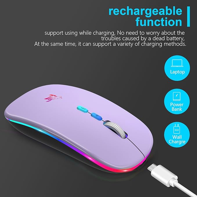 HOTLIFE Wireless Bluetooth Mouse, Slim Rechargeable LED Mouse, 2.4G Portable USB Optical Mouse with USB Receiver and Type C Adapter, Light Purple