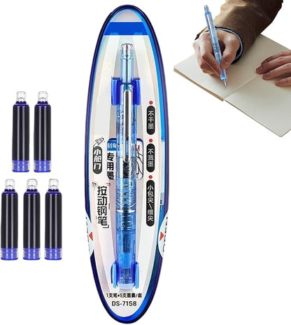 0.38mm Retractable Fountain Pen - Smooth Writing, Leak Proof Design, Comes with 5 Refillable Ink Cartridges | Writing Tool for Notebook Art Sketching School Office Journaling Creative Use