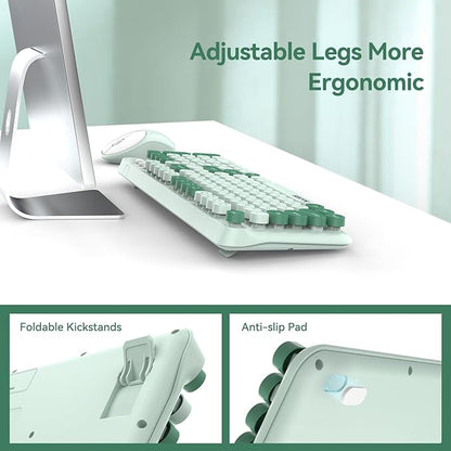 Wireless Keyboard and Mouse,Cute Retro Typewriter Computer Keyboard and Mouse Sets,Full Size 2.4G Cordless Colorful Round Keycaps Keyboard with Silent Mouse for PC Windows Laptop Office-Multi Green