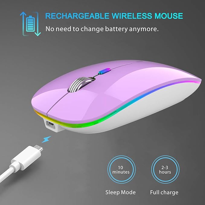 TENMOS Wireless Bluetooth Mouse, LED Slim (Bluetooth 5.1 + USB) 2.4GHz Rechargeable Silent Bluetooth Wireless Mouse with Type C Adapter for Laptop/MacBook/iPad OS 13 and Above (Purple)