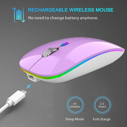 TENMOS Wireless Bluetooth Mouse, LED Slim (Bluetooth 5.1 + USB) 2.4GHz Rechargeable Silent Bluetooth Wireless Mouse with Type C Adapter for Laptop/MacBook/iPad OS 13 and Above (Purple)