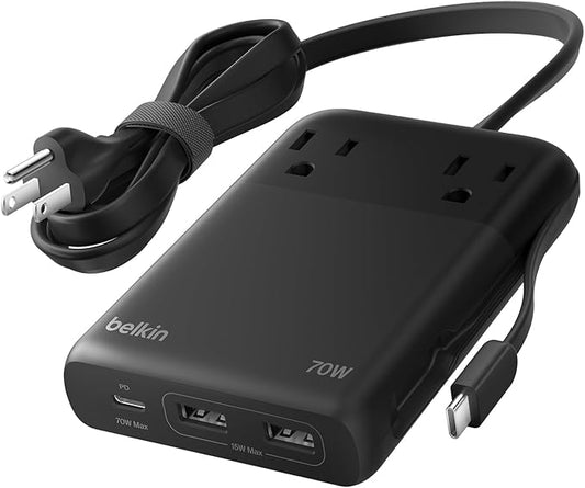 Belkin GaN Charging Station 70W, 6-in-1 USB C Charger w/ 2X AC Outlets, 2X USB A Ports, Integrated USB C Cable - Power Strip for iPhone, Apple Watch, iPad, MacBook, Chromebook, Galaxy, Pixel, & More