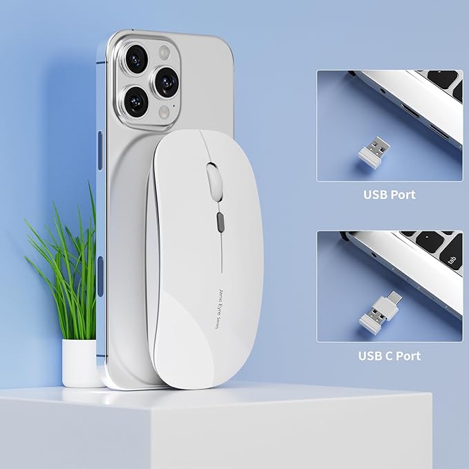 Uciefy Q5 Slim Rechargeable Wireless Mouse, 2.4G Portable Optical Silent Ultra Thin Wireless Computer Mouse with USB Receiver and Type C Adapter, Compatible with PC, Laptop, Notebook, Desktop White