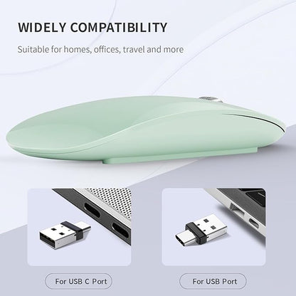 Uiosmuph G11 Wireless Mouse, USB C Rechargeable Computer Mouse, Slim Silent Mice 2.4GHz Optical with USB Nano Receiver and Type C Receiver for Laptop/Mac/PC - Green