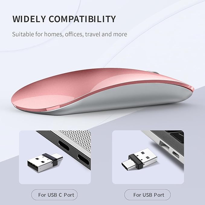 Uiosmuph G11 Wireless Mouse, USB C Rechargeable Computer Mouse, Slim Silent Mice 2.4GHz Optical with USB Nano Receiver and Type C Receiver for Laptop/Mac/PC - Rose Gold