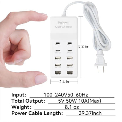 Portable USB C Charging Station,USB-C 4-Ports, USB Charging hub 10-Ports/USB c Charger Block for Multiple Devices Phones Tablet Smartwatch Headphones Speakers (USB-4C+6A)