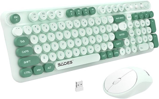 Wireless Keyboard and Mouse,Cute Retro Typewriter Computer Keyboard and Mouse Sets,Full Size 2.4G Cordless Colorful Round Keycaps Keyboard with Silent Mouse for PC Windows Laptop Office-Multi Green