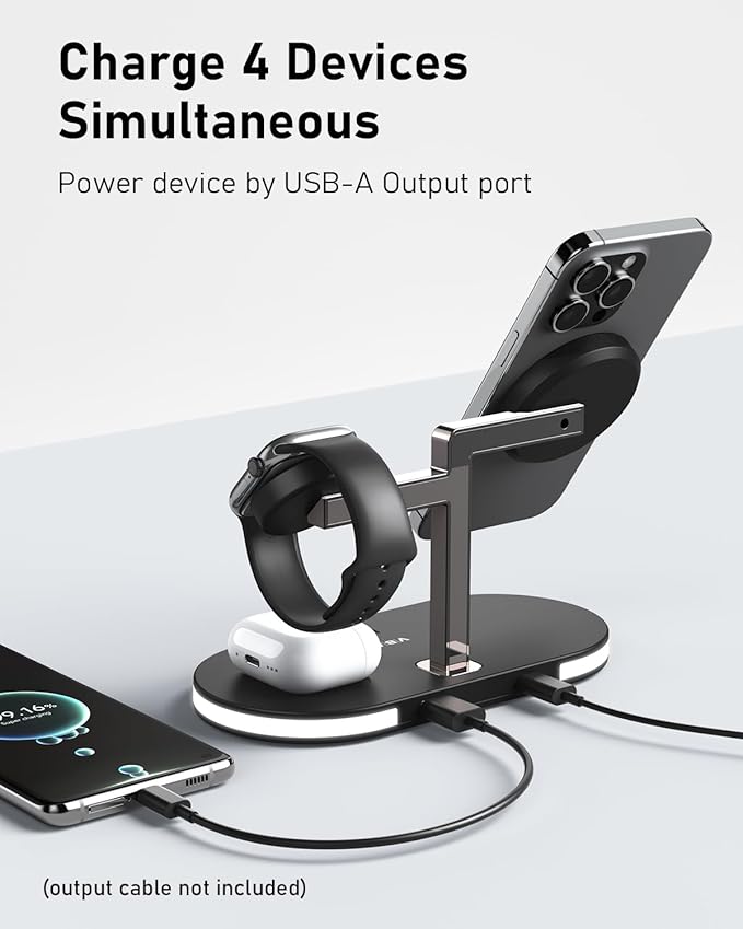 VBA 4 in 1 Wireless Charging Station for Apple MagSafe Charger,Fast Charging Magnetic Wireless Charger Stand with Night Light for iPhone 17 Air 16 15 14 13 12 Series,Apple Watch,AirPods Pro (Black)