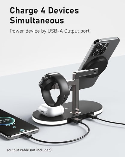 VBA 4 in 1 Wireless Charging Station for Apple MagSafe Charger,Fast Charging Magnetic Wireless Charger Stand with Night Light for iPhone 17 Air 16 15 14 13 12 Series,Apple Watch,AirPods Pro (Black)