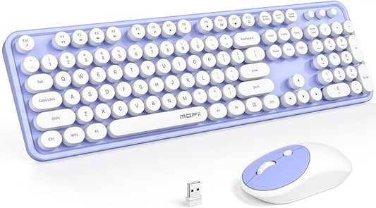 MOFII Wireless Keyboard and Mouse Combo, Computer Full Size 2.4G Plug and Play Wireless Typewriter Retro Round Keyboard and Mouse Set for Windows, Computer, Desktop, PC, Notebook - (Light Purple)