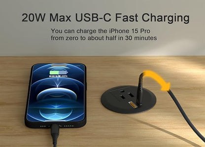Desktop Power Grommet,2-inch Hole,20W USB C Fast Charging,2-USB Port,Flush Mount,Flat Plug,6.4 ft Cord,Black