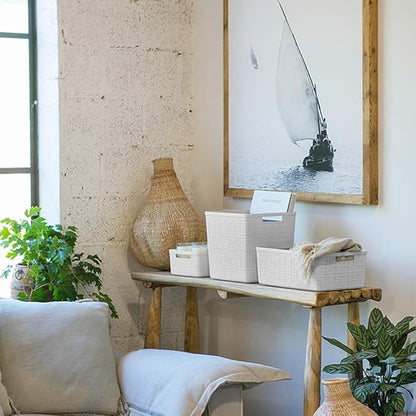 Curver Set of 6 Jute Medium Decorative Plastic Organization and Storage Baskets, Perfect Bins for Home Office, Closet Shelves, Kitchen Pantry and All Bedroom Essentials, White