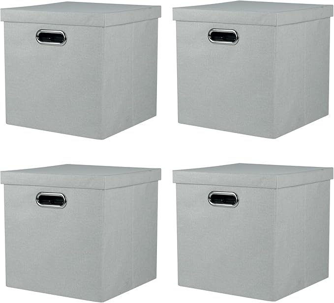 Storage Bins with Lids, Collapsible Linen Fabric Boxes Organizer Containers with Lid Foldable Storage Box Basket for Closet, Shelves, Home, Office, 11 x 11 x 11.4 Inch, 4 Pack, Gray