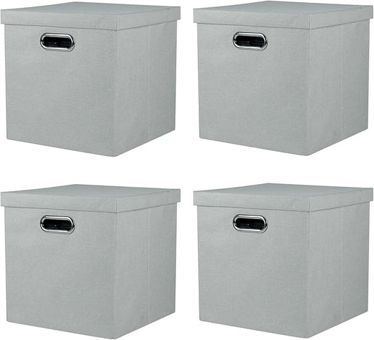 Storage Bins with Lids, Collapsible Linen Fabric Boxes Organizer Containers with Lid Foldable Storage Box Basket for Closet, Shelves, Home, Office, 11 x 11 x 11.4 Inch, 4 Pack, Gray