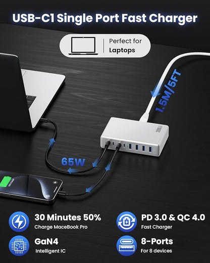 200W USB C Charger Block,GaN IV Charging Station 8 Ports,QC4.0 Fast Charging Station Hub+PD 65W USB C Laptop Charger Adapter Compatible with MacBook Air/Pro,DELL,iPhone 17/16/15,iPad,Steam Deck-White