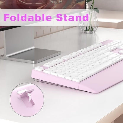 Wireless Keyboard and Mouse Combo, Ergonomic Keyboard with Wrist Rest and Mouse, 2.4Ghz Wireless Connection, Compatible with PC/Laptop/Windows/Mac for Home and Office Use (White Pink)