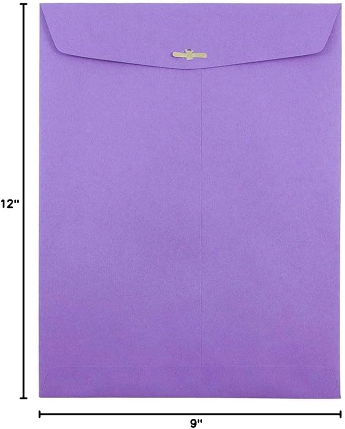 JAM PAPER 9 x 12 Colored Envelopes with Clasp Closure - Violet Purple Recycled - 50/Pack