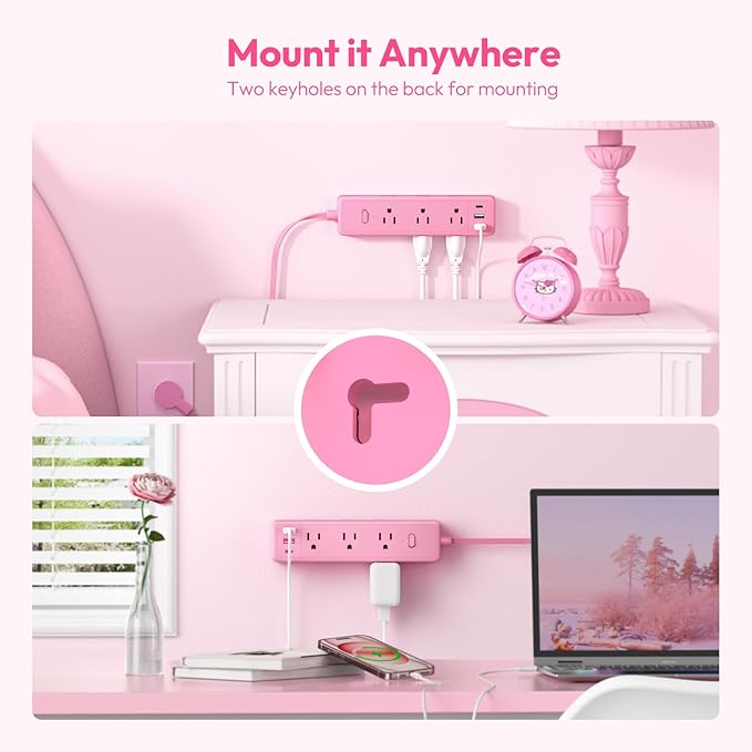 Pink Power Strip, NTONPOWER Surge Protector Power Strip Flat Extension Cord 15FT, 9 Outlets 3 USB Ports(1 USB C), Wall Mount, 1080J, Multiple Outlets for Home, Dorm, Vanity Desk, Nightstand,Women