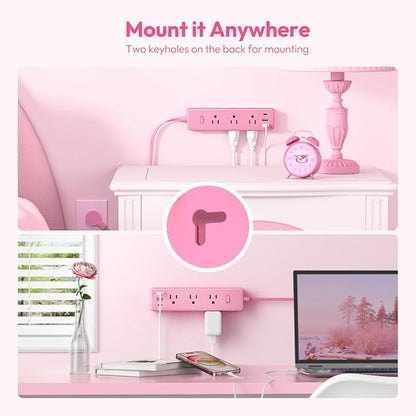 Pink Power Strip, NTONPOWER Surge Protector Power Strip Flat Extension Cord 15FT, 9 Outlets 3 USB Ports(1 USB C), Wall Mount, 1080J, Multiple Outlets for Home, Dorm, Vanity Desk, Nightstand,Women