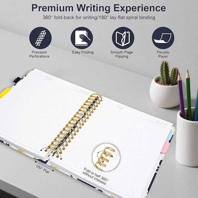 Spiral Journal Notebook for Work, 300 Pages 5 Subject Notebook College Ruled with Dividers & Tabs, 8''x 10'' Large Cute Notebooks Journal for Women Students Note-Taking and Organizer (White Daisy)