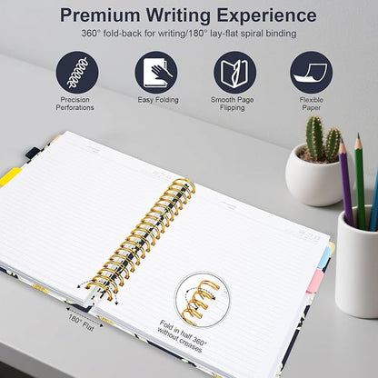 Spiral Journal Notebook for Work, 300 Pages 5 Subject Notebook College Ruled with Dividers & Tabs, 8''x 10'' Large Cute Notebooks Journal for Women Students Note-Taking and Organizer (White Daisy)