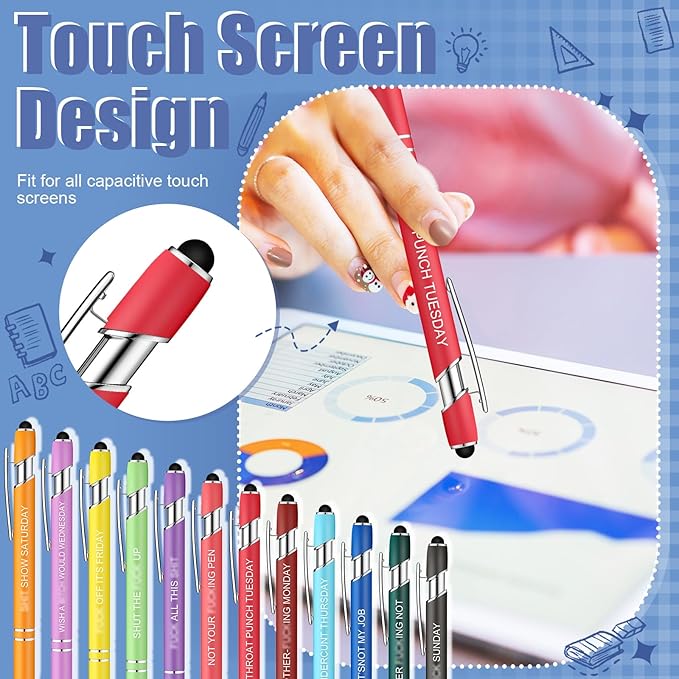 Zonon 12 Pcs Inspirational Pens Bulk Funny Ballpoint Pen with Stylus Tip Motivational Gifts for Christmas Teacher Coworkers Nurse School Office Supplies(Fancy Color,Funny Week)