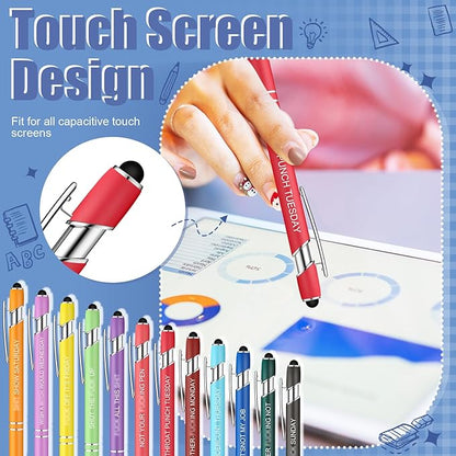 Zonon 12 Pcs Inspirational Pens Bulk Funny Ballpoint Pen with Stylus Tip Motivational Gifts for Christmas Teacher Coworkers Nurse School Office Supplies(Fancy Color,Funny Week)