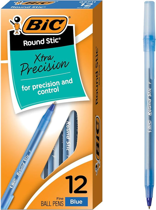 BIC Round Stic Xtra Precision Fine Blue Ballpoint Pens, Medium Point (0.8 mm), 12-Count Pack, Excellent Writing Pens